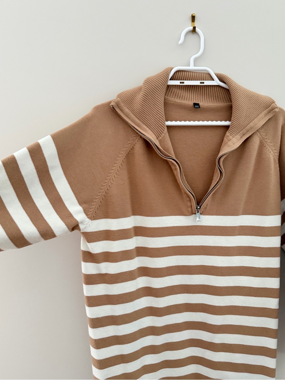 Striped Half-Zip Sweater Dress in Camel and White - Picture 2 of 4